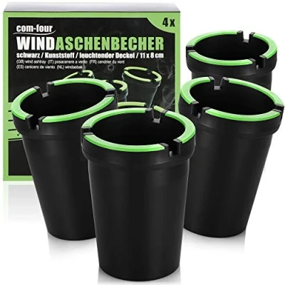 Immagine di com four® 4X posacenere per Esterni Anti Vento vasi Tempesta con Coperchio Luminoso Auto, Ø 8 cm (04 Pezzi Nero)