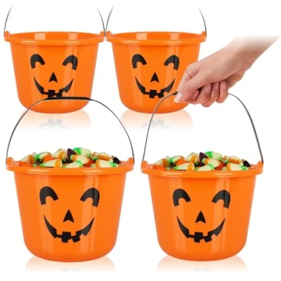 Immagine di com four® 4X Secchi di Zucca Halloween plastica con Design a per la Raccolta Dolci Borsa Manico