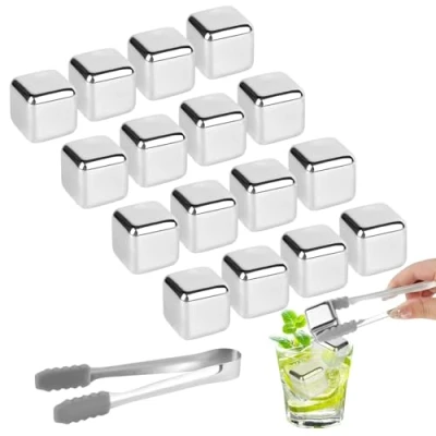Immagine di VFANDV 18 Pezzi Cubetti di Ghiaccio Riutilizzabili, Whiskey Stone Set Wisky con Pinze e Scatola, 304 Acciaio Inox Pietre Whisky per Cocktail, Vino, Frutta, Puree Gelati