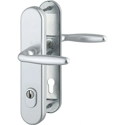 Immagine di Hoppe Maniglia di sicurezza Verona  su piastra lunga cilindro a profilo distanza 92 mm, SST 8, con nucleo protezione estrazione, per porte dello spessore 67  72 mm, argento anodizzato, 1 pezzi, 3903037