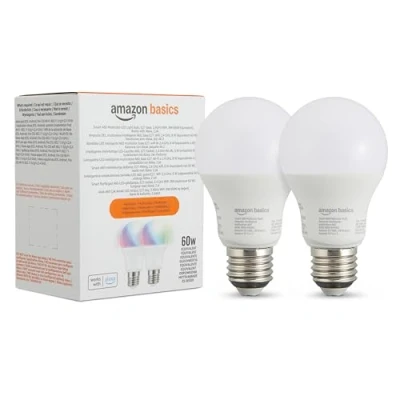 Immagine di Amazon Basics Lampadina LED intelligente A60, multicolore, con attacco E27, WiFi da 2,4 GHz, 8 W (equivalente a 60 W), compatibile solo Alexa, 2 confezioni