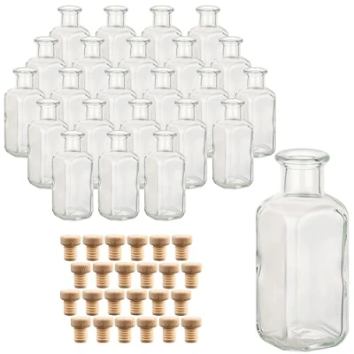 Immagine di gouveo Set 24 bottiglie in vetro 100 ml farmacista quadrata con tappo sughero (HGK) bottiglia vuota da 0,1 l per riempimento liquore, olio, aceto (AFET100HGK)