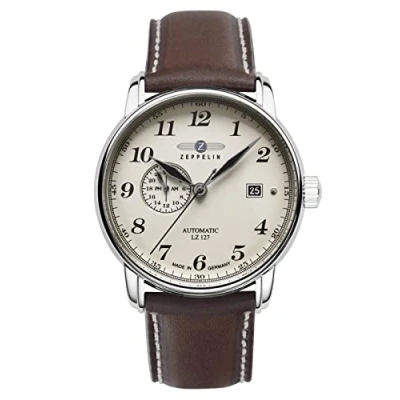 Immagine di Zeppelin Orologio da uomo con cinturino in pelle serie LZ127 GRAF automatico 24 ore data 8668, Argento/Marrone scuro, Cinghia