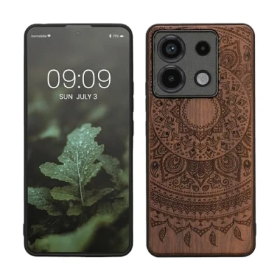 Immagine di kwmobile Custodia Compatibile con Xiaomi Redmi Note 13 Pro 5G / Poco X6 Cover Back Case in Legno Bumper Silicone TPU Sole indiano marrone scuro