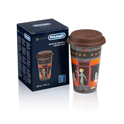 Immagine di De&#039;Longhi Travel Mug, Tazza da Caffè con Doppia parete per Bevande Calde e Fredde, Facile Trasportare, Apertura un Click, Rivestimento Antiscivolo in Silicone, Capacità 470ml, DLSC073