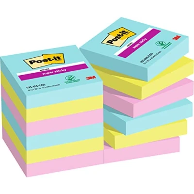 Immagine di Post it Foglietti Super Sticky, Collezione Cosmic, Confezione da 12 blocchetti, 90 Fogli Per blocco, 47,6 mm x mm, Colori Turchese, Verde, Rosa. Appunti, Elenchi &amp; Promemoria