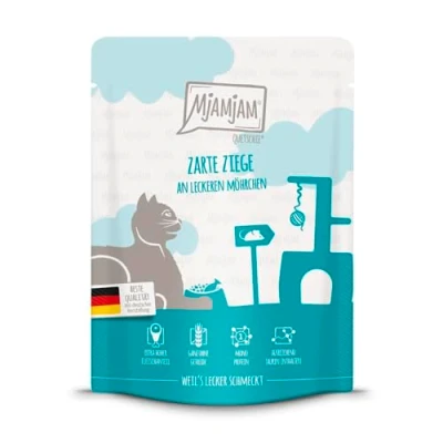 Immagine di MjAMjAM Cibo umido premium per gatti Quetschie delicata capra con gustose carotine, confezione da 1 (1 x 300 g), senza cereali carne extra