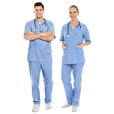 Immagine di AIESI® Divisa Sanitaria Uomo Donna in Cotone 100% sanforizzato Pantaloni e Casacca Scollo a V, Taglia XS Celeste
