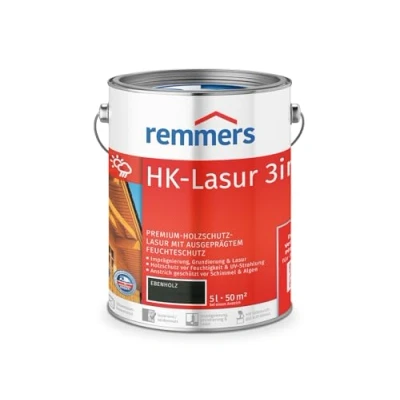 Immagine di Remmers vernice trasparente HK ebano, 5 litri, decorativa premium per esterni, tripla protezione del legno con impregnante + fondo finitura, da umidità e raggi