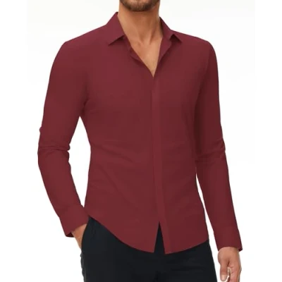 Immagine di DEMEANOR Camicia elasticizzata da uomo a maniche lunghe, slim fit, business, senza stiratura, uomo, per il tempo libero, vinaccia, 4XL