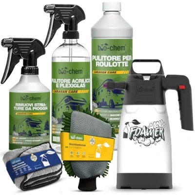 Immagine di Bio Chem Set 6 prodotti per la pulizia del camper Detergente auto da campeggio 1L finestre plexiglas 750mL macchie di pioggia 0,5L Panno, spugna, spruzzatore schiuma