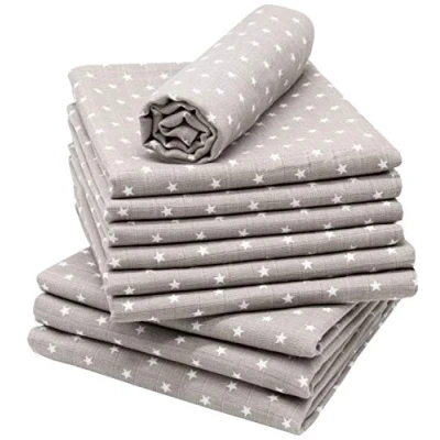 Immagine di ZOLLNER 10 Mussole per neonato 80x80 cm 100% cotone grigie con design a stelle bianche lavabili 60C pannolino di stoffa Certificato OEKO TEX (R)