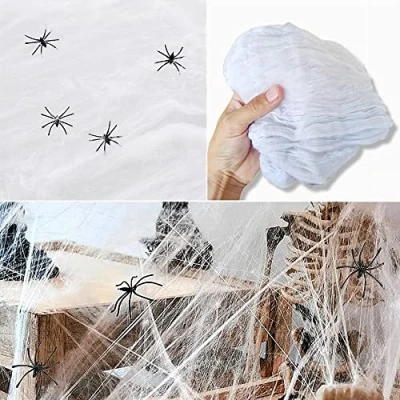 Immagine di ANTEVIA Tela di ragno Halloween bianca con 6 ragni neri Oltre 10 MODELLI Molto Elastico (Spiderweb)