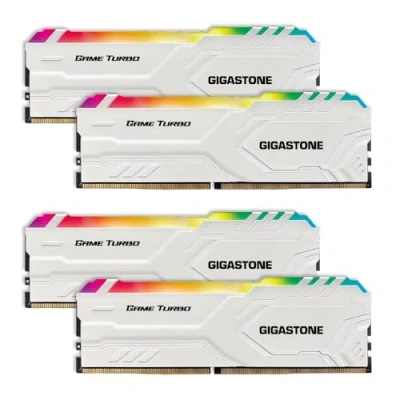 Immagine di 【RGB DDR4 RAM】GIGASTONE Game TURBO 32GB Kit(4x8GB) 3200MHz PC4 25600 CL 16 18 40 XMP 2.0 AMD Ryzen 1.35V UDIMM 288pin Unbuffered Non ECC Ideale Desktop alta prestazione Memoria Bianco