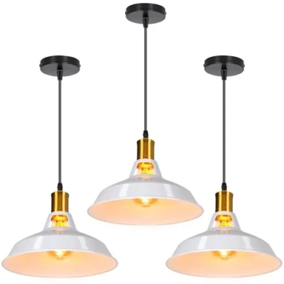 Immagine di TOKIUS Lampada a Sospensione Industriale Vintage Lampadario Plafoniera E27 in Metallo Ø27cm Da soffitto Retro Interni Per Cucina Camera letto Sala Pranzo (Bianco, 3 pezzi)