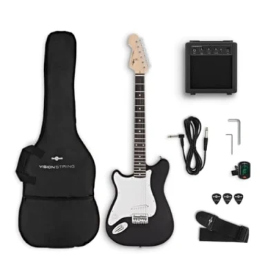 Immagine di VISIONSTRING Chitarra elettrica 3/4 per mancini con amplificatore e accessori, nero