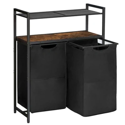 Immagine di HOOBRO Cesto Portabiancheria, Carrello per Lavanderia, Porta Biancheria, 2 Ripiani Portaoggetti, x 49,5L, Bagno, Marrone Vintage e Nero EBF73XY01