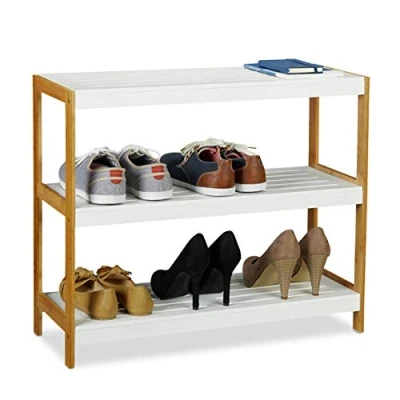 Immagine di Relaxdays Scarpiera con 3 Ripiani, Robusto Portascarpe, Scaffale per Scarpe, Legno MDF, Bianco/Marrone, 58,5 x 70 26 cm