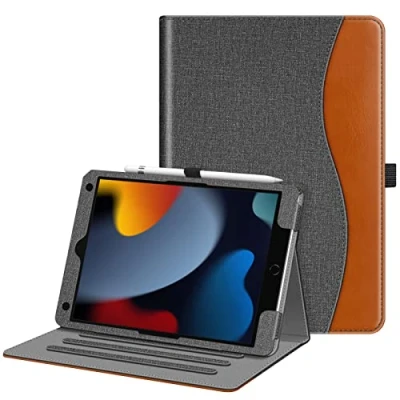 Immagine di FINTIE Custodia per iPad 10.2 Pollici 9a / 8a 7a Generazione (2021 2020 2019), [Multi angli] Folio Pieghevole Cover Protettiva Case con Tasca, Auto Sveglia/Sonno, Grigio/Marrone