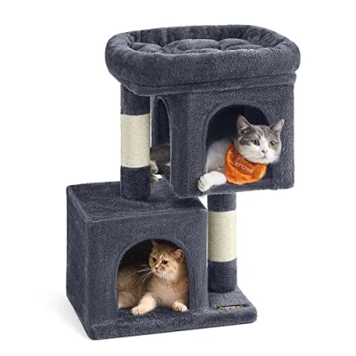 Immagine di Feandrea Albero per Gatti, 67 cm, Tiragraffi Torre S, Condominio Gattini fino a 3 kg, Ampio Posatoio, 2 Grotte Graffiatoio, Grigio Fumo PCT611G01