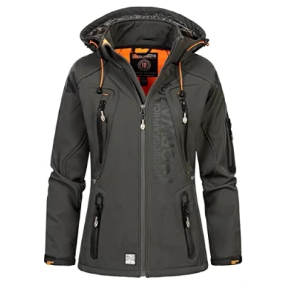 Immagine di Geographical Norway Tislande Lady Giacca Cappuccio Softshell Impermeabile Donna Antivento Attività All&#039;Aperto Escursioni Sci Autunno Inverno Primavera (Grigio scuro arancione L taglia 3)