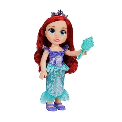 Immagine di Disney Princess bambola 38 cm di Ariel, con i suoi abiti iconici arricchiti da dettagli glitterati, tiara scintillante e scarpette coordinate, occhi brillano