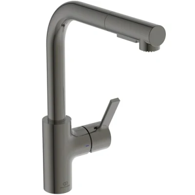 Immagine di Ideal Standard Gusto, Miscelatore monocomando per lavello da cucina, Bocca ad L tubolare con doccetta orientabile ed estraibile a due funzioni, Magnetic Grey
