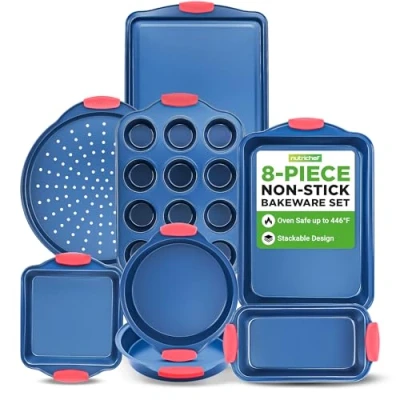 Immagine di NutriChef Set di 8 Teglie da Forno Antiaderente, Acciaio al Carbonio con Manici in Silicone, Include Vassoio Pizza, Stampo Pane, Muffin 12 Tazze, Rotonde/Quadrato e per Biscotti