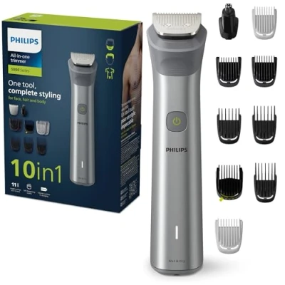 Immagine di Philips Multigroom serie 5000, rasoio all in one, regolabarba e tagliacapelli da 10 pezzi per testa, barba, viso, corpo, naso orecchie, 11 impostazioni di lunghezza, modello MG5917/15