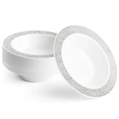 Immagine di Matana 20 Ciotole in Plastica Premium Bianca con Bordo Argento, 360ml Eleganti, Resistenti e Riutilizzabili Matrimoni, Compleanni, Battesimo, Natale, BBQ, Feste