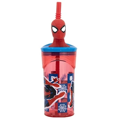 Immagine di Bicchiere Originale Marvel Spiderman 3D per bambini da 360 ML con cannuccia e tappo svitabile a forma di testa dell&#039;uomo ragno
