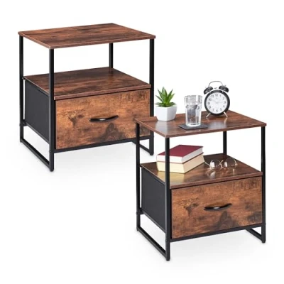 Immagine di Relaxdays Comodini Camera da Letto, Set 2 Tavolini Laterali Divano, con Cassetto, HLP: 50x45x42,5 cm, Nero Marrone, Legno