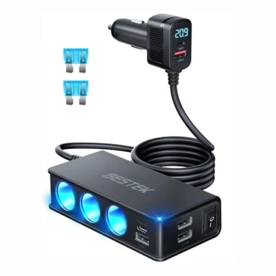 Immagine di BESTEK Caricatore Auto USB C PD QC3.0 Caricabatterie da 180W, 9 in 1 Adattatore per Accendisigari 12V/24V con 3 Prese &amp; 6 Porte Display LED iPhone Dash Cam