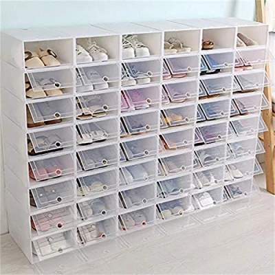 Immagine di Confezione da 24 scatole portaoggetti per scarpe in plastica trasparente con coperchio, scatola impilabile e antipolvere