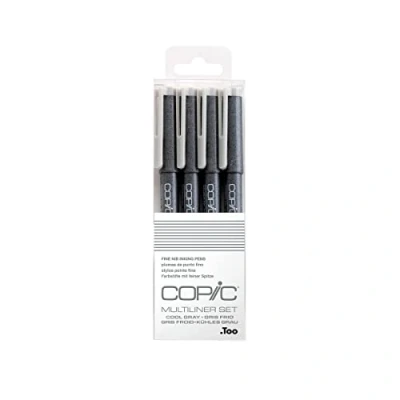 Immagine di Copic Set Multiliner Cool Gray, 4 penne in diversi spessori di tratto, con inchiostro pigmentato resistente all&#039;acqua e all&#039;alcool, per schizzi, illustrazioni outline