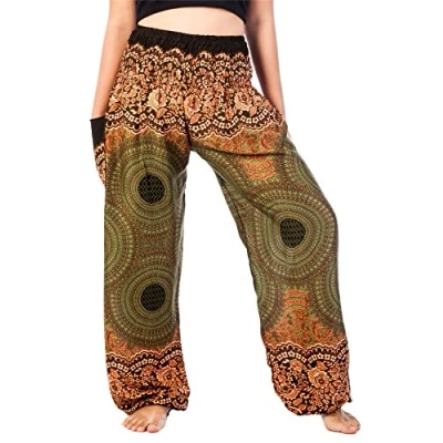 Immagine di Lofbaz Donna Harem Rosa 1 Colorato Smocked Waist Boho Pantaloni Verde Size XL