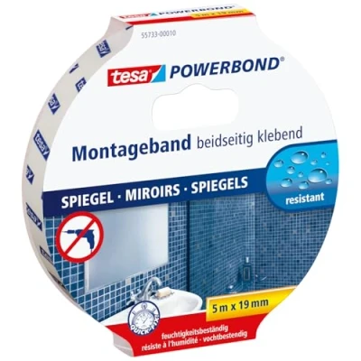 Immagine di Tesa Powerbond Specchi Nastro Biadesivo per Adesivo Resistente All&#039;Umidità, Adatto Docce e Bagni 5 m x 19 mm