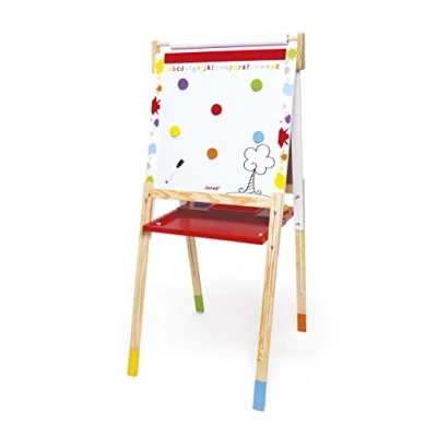 Immagine di Janod Kids Wooden Double Sided Easel ‘Splash’ Dynamic, Height Adjustable Magnetic Whiteboard + Chalk Board Including 13 Accessories From 3 Years Old, J09611