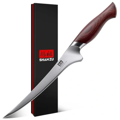Immagine di SHAN ZU Coltello per Sfilettare 18 cm, Affilato Disossare il Pesce Carne in Acciaio Giapponese 10Cr15Mov, da Cucina con Manico Ergonomico Legno di Pakka