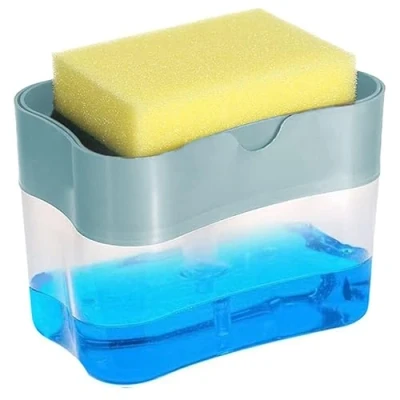 Immagine di Virsus Dispenser Sapone Liquido in plastica con Spugna 2595, misura 14x9x11 cm, Contenitore erogatore detersivo piatti, portasapone e portaspugna per lavello cucina (Grigio Chiaro)