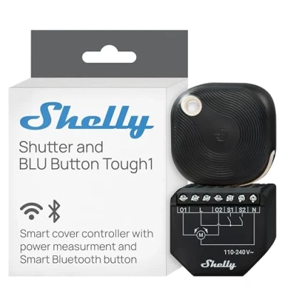 Immagine di Shelly Shutter &amp; BLU Button Tough1 (Bundle) Wi Fi Interruttore a Relè Intelligente, 2 Canali, 4A, Monitora il Consumo di Energia, Tende Tapparelle, Nessun Hub Richiesto, Alexa e Google Home