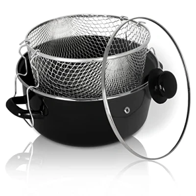 Immagine di Krüger pentola smaltata per patatine fritte con bordo cromato, inserto colino e coperchio in vetro, 24 cm, perfetta conduzione del calore, friggere fritte, calamari, ecc.