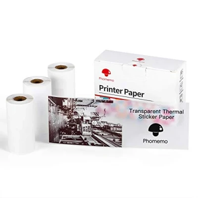 Immagine di Phomemo Carta Trasparente Autoadesiva per M02, M02PRO, T02, M02S, M02X, M02L, M03, M03AS, M04S, M04AS Mini Stampante Portatile, 53mm x 3,5m, 3 Rotoli