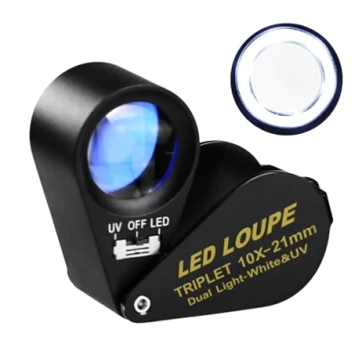 Immagine di Lente Ingrandimento con Illuminazione LED UV, 10X Portatile Tascabile d&#039;Ingrandimento Pieghevole utilizzabile per gioielleria, gemmologia, diamanti, numismatica, filatelia