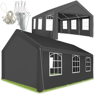 Immagine di tectake® Gazebo da Esterno 6x4m, Resistente con Struttura in Acciaio, Giardino Impermeabile, Finestre Trasparenti, Pareti Laterali Grigio