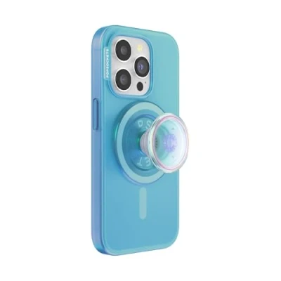 Immagine di PopSockets custodia per iPhone 15 Pro con impugnatura rotonda compatibile MagSafe, Pro, ricarica wireless, blu opalescente
