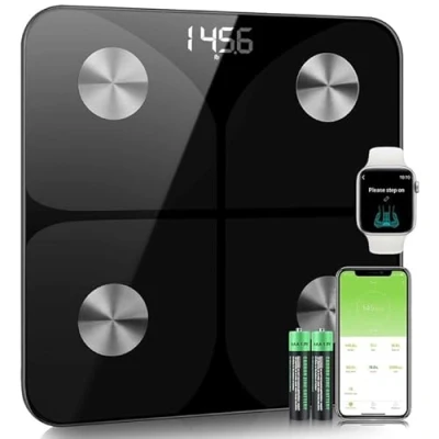 Immagine di Bilancia Pesapersone Digitale Professionale Impedenziometrica Senza Fili Intelligente per IOS &amp;Android Integrata con 13 Indici di Misurazione Massa Grassa,Massa Magra e Metabolismo Basale,28*28cm,Nero