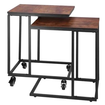 Immagine di SPRINGOS Set di 2 tavolini da caffè a forma C, portata max. 75 kg, tavolo con ruote, per laptop o caffè, design industriale