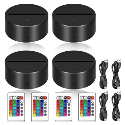 Immagine di BORDEAG Base per lampada notturna a LED 3D, 4 pezzi, luce con cavo USB, attacco LED, 16 colori, camera da letto, bar, caffetteria