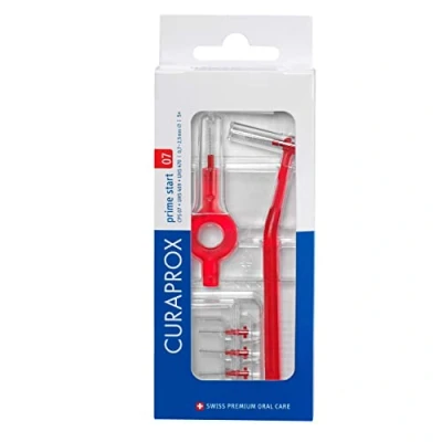 Immagine di Curaprox Interdentalbürsten Set CPS 07 prime start, Starterset mit 5 Bürsten, 2 verschiedene Halter, rot, 0.7 mm Durchmesser, 2.5 Wirksamkeit